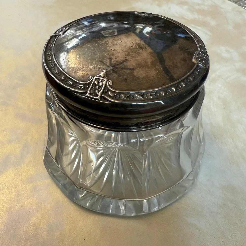 Antique Edwardian Cut Crystal‎ Powder Jar | Sterling Silver Lid Vanity Decor